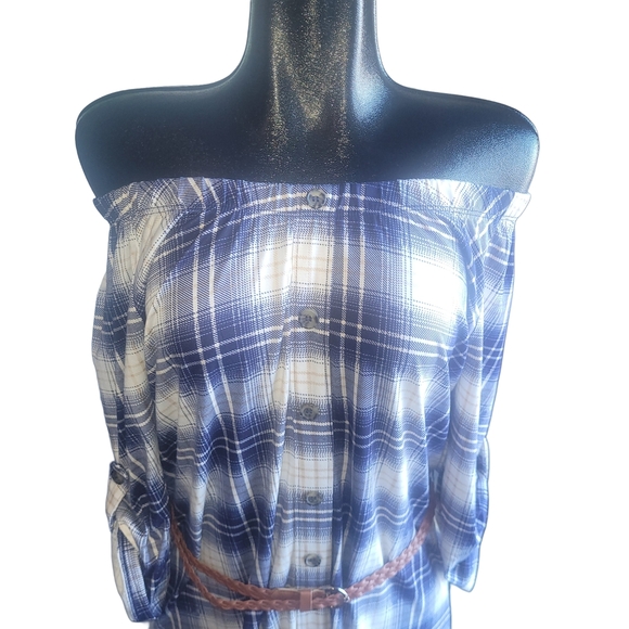 My Style Blue Plaid Faux Button Front Dress with Belt Sz.S - Picture 3 of 7